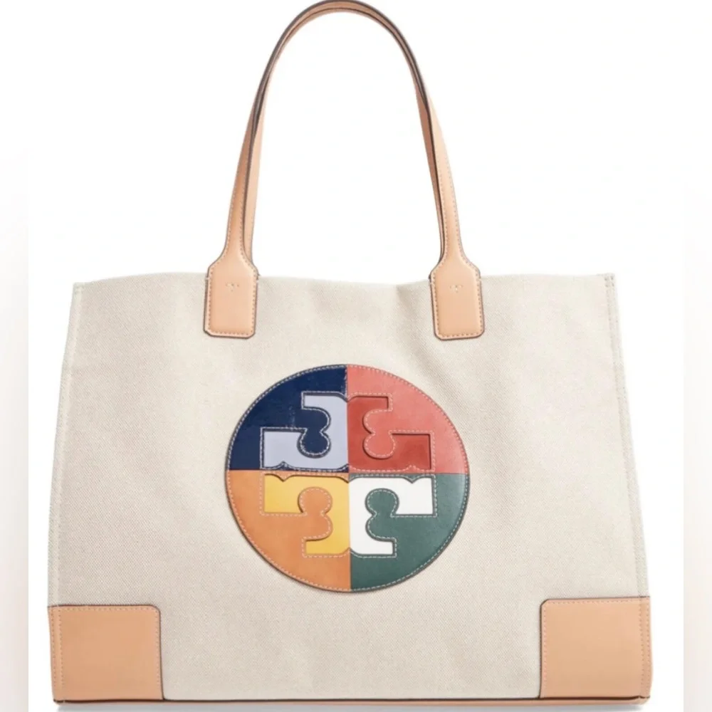 New ! Tory Burch Canvas Tan LARGE Ella Color Block Logo Tote Bag - Picture 1 of 6